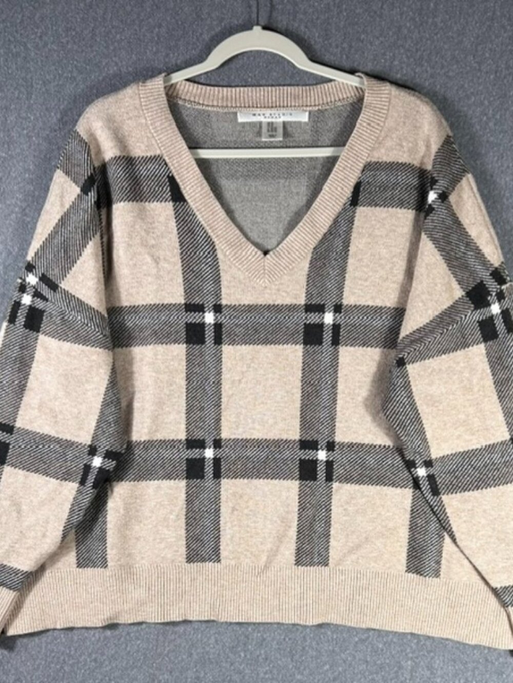 Max Studio Sweater Womens Sz 3X Brown Plaid Pullover V-Neck Long Sleeve